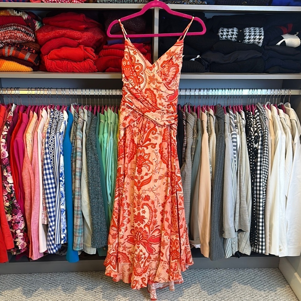 Farm Rio orange print sleeveless v neck maxi dress NWT